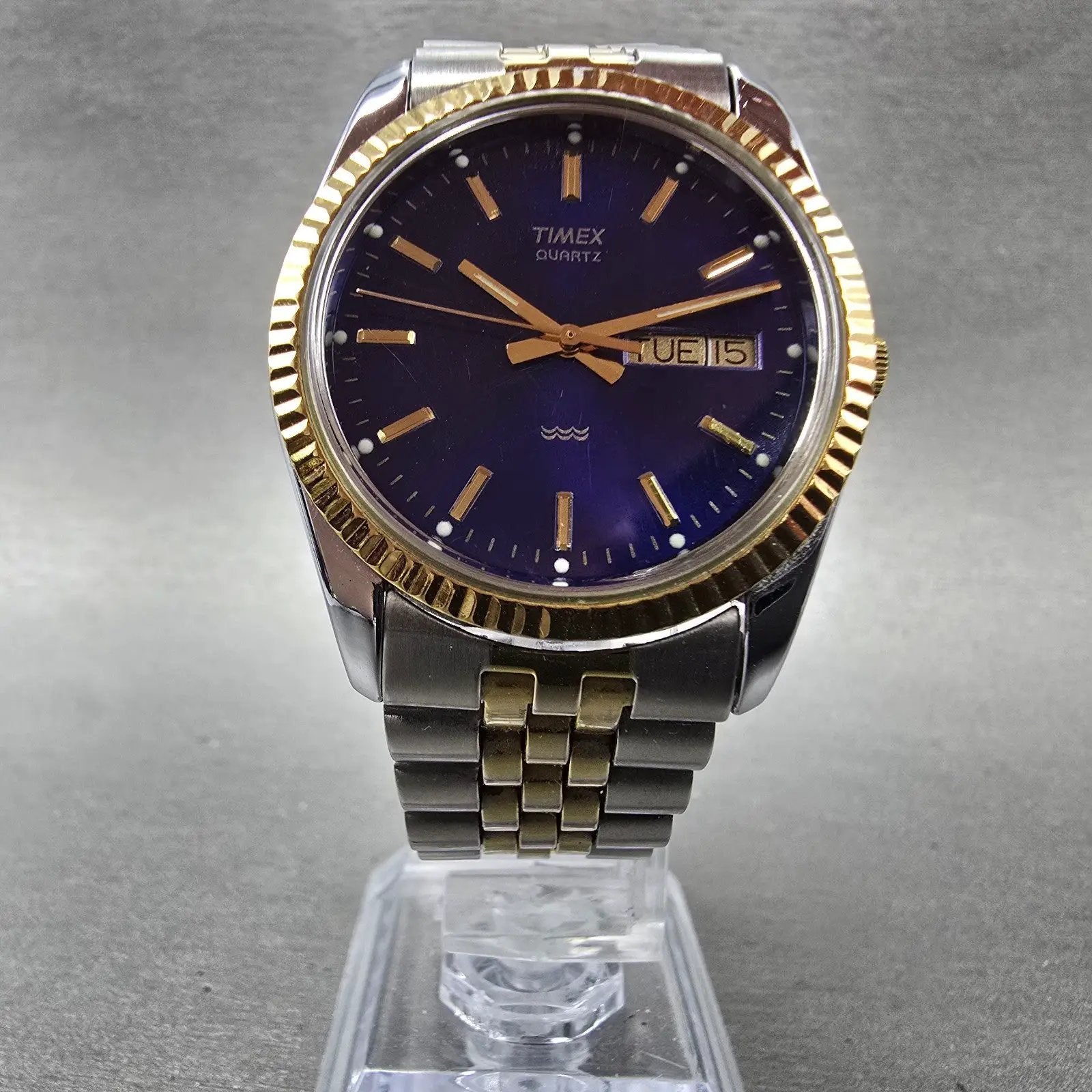 Timex President Watch Men 34mm Blue Dial Two Tone Daydate Round New Battery5