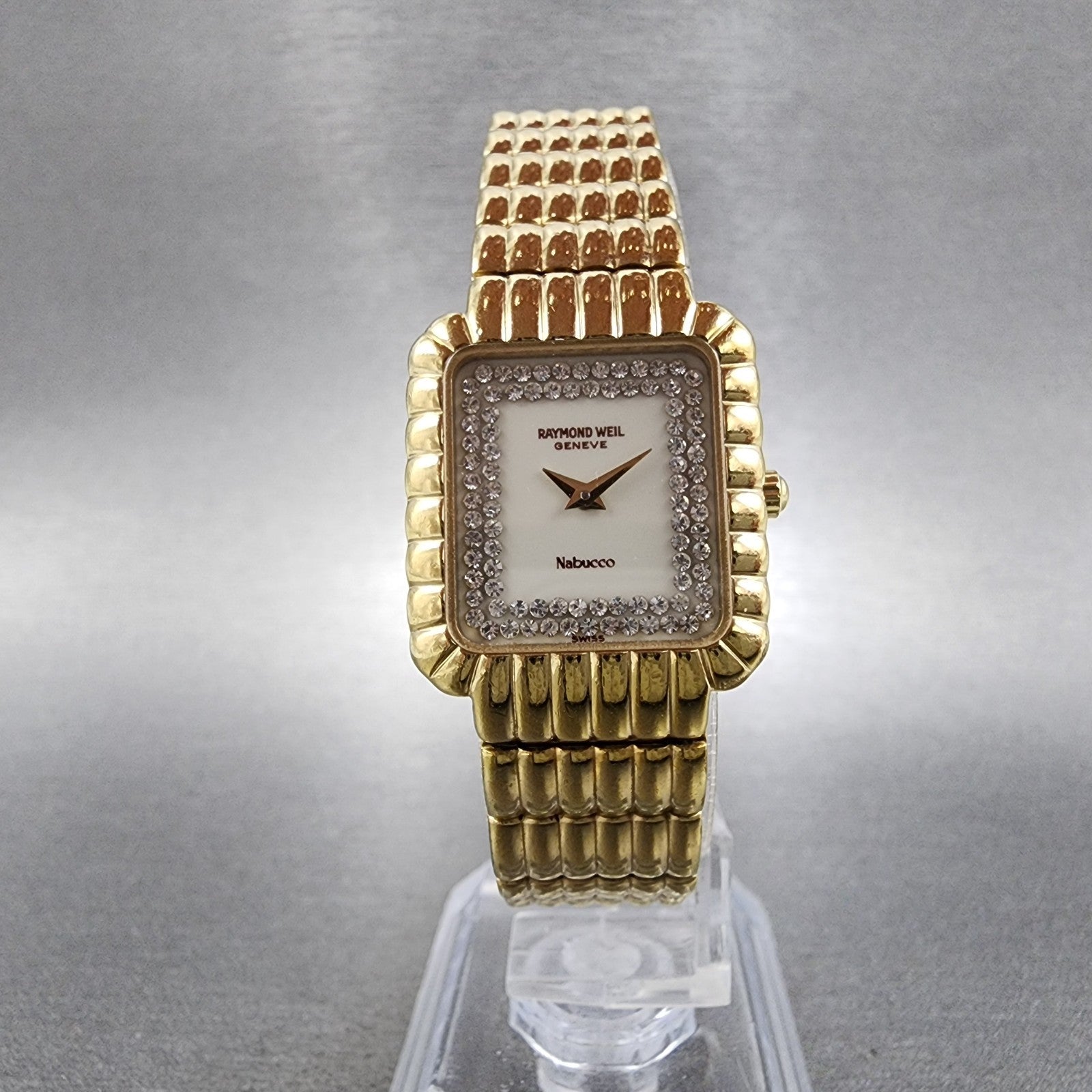 Raymond Weil Nabucco Tank Watch Women 21mm White Dial Gold Tone 37532 New Batt5