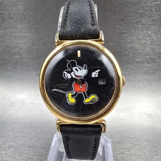 Pulsar Mickey Mouse Watch Women 26mm Black Dial Gold Date V827-0090 New Battery0