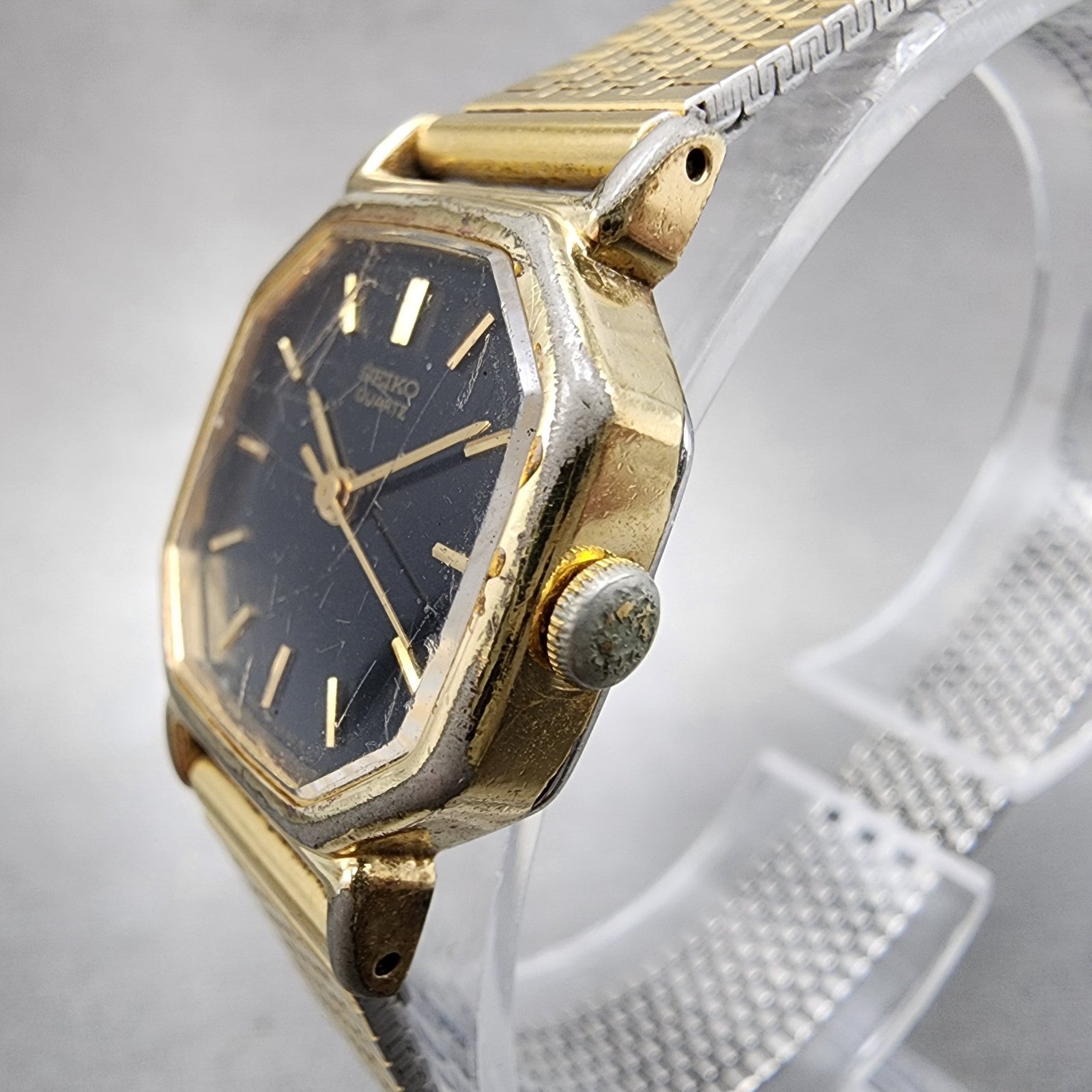 Seiko Watch Women 20mm Black Dial Gold Tone Octagon 2C215170 New Battery VTG2