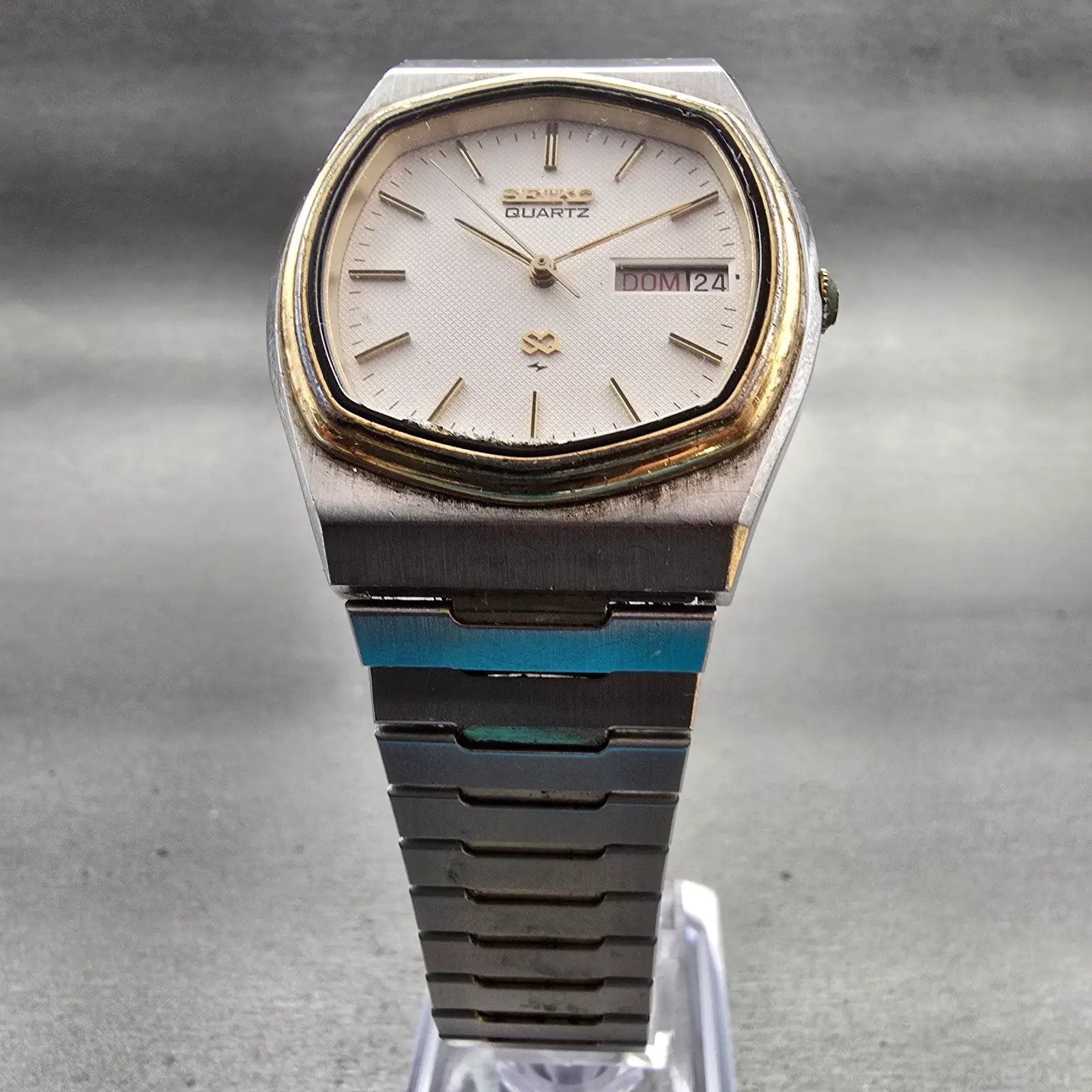 Seiko SQ Watch Men 34mm White Dial Two Tone Daydate Oval 7123-5250 New Battery5