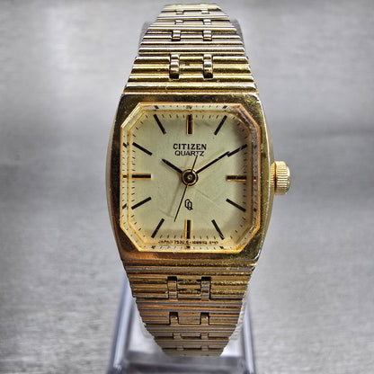 Citizen CQ Watch Women 18mm Champagne Dial Gold Tone Rectangle 4-040074 New Batt0