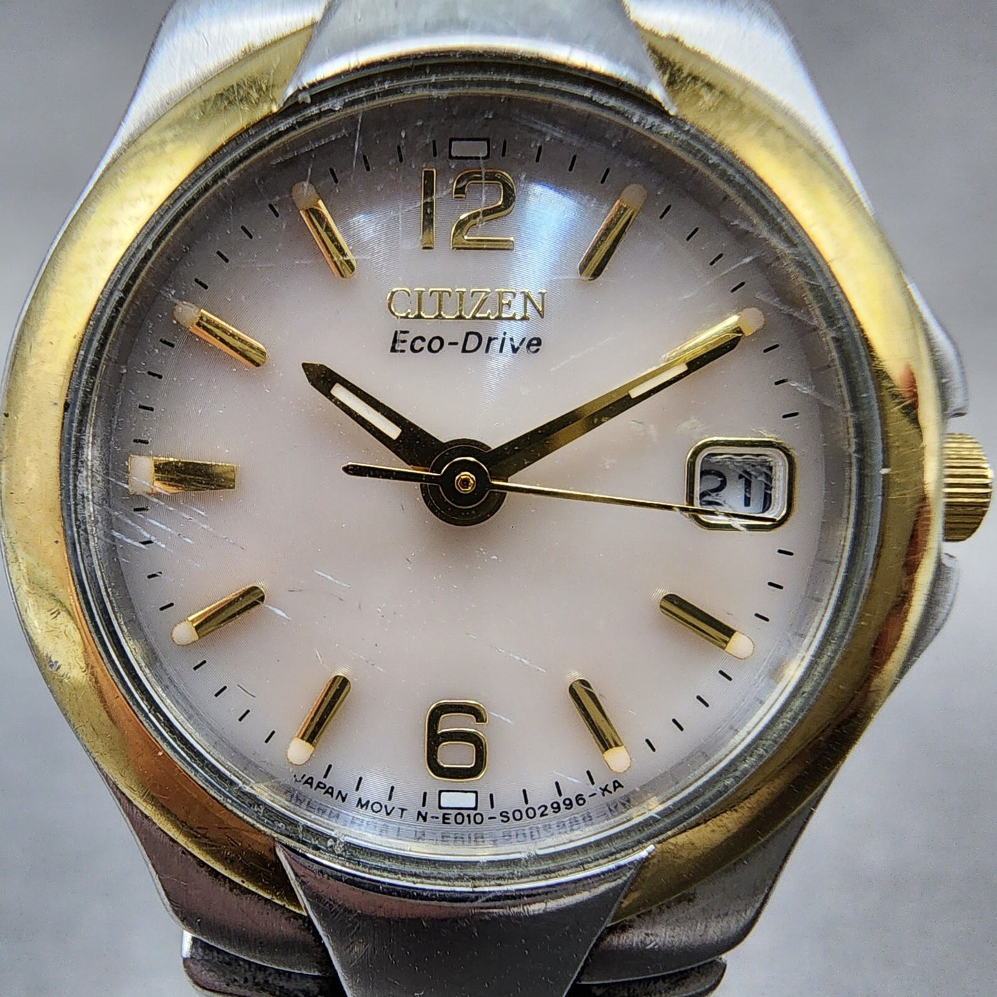 Citizen EcoDrive Watch Women 24mm MOP Dial Two Tone Date Round  E010S0016681