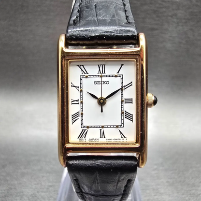 Seiko Tank Watch Women 18mm White Dial Gold Tone Rectangle 1N01-0LK0 New Battery0