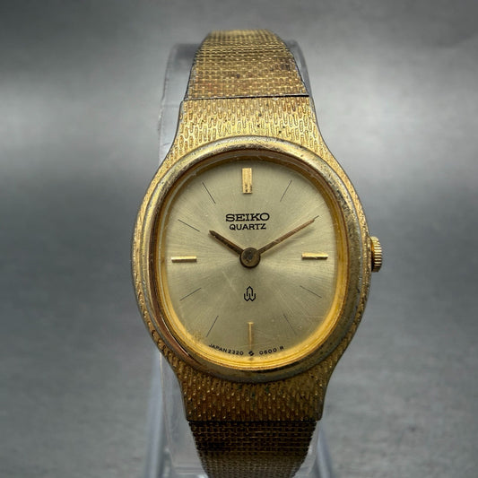 Seiko Watch Women 20mm Champagne Dial Gold Tone Oval 2320-5350 New Battery VTG0