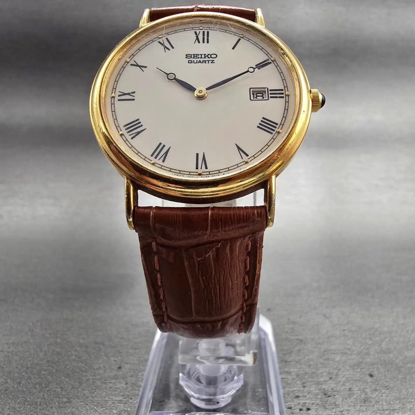 Seiko Watch Men 34mm Ivory Dial Gold Tone Date Round 7N29-8A09 New Battery LP5