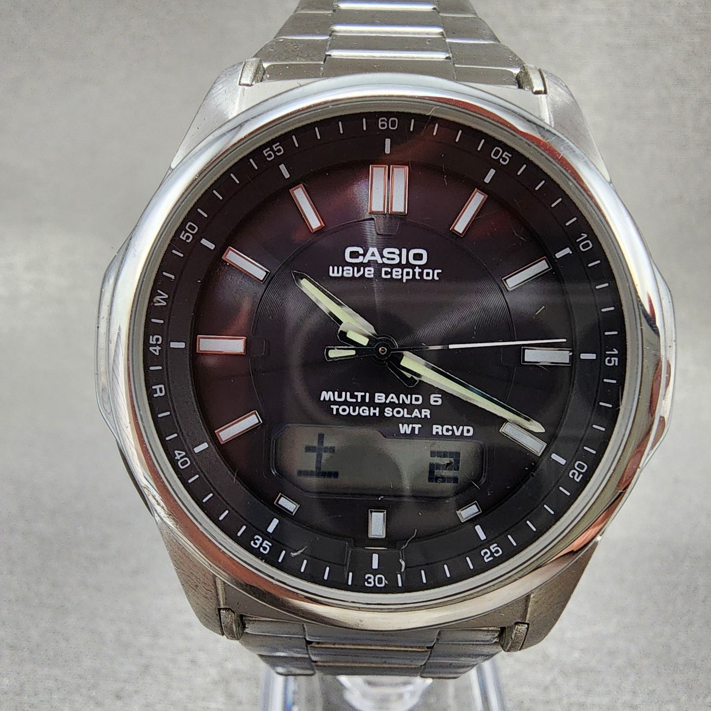 Casio Wave Ceptor Watch Men 42mm Black Dial Steel Solar Analog Digital Works B121