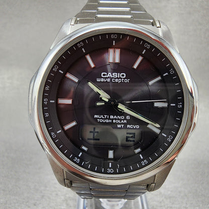 Casio Wave Ceptor Watch Men 42mm Black Dial Steel Solar Analog Digital Works B121