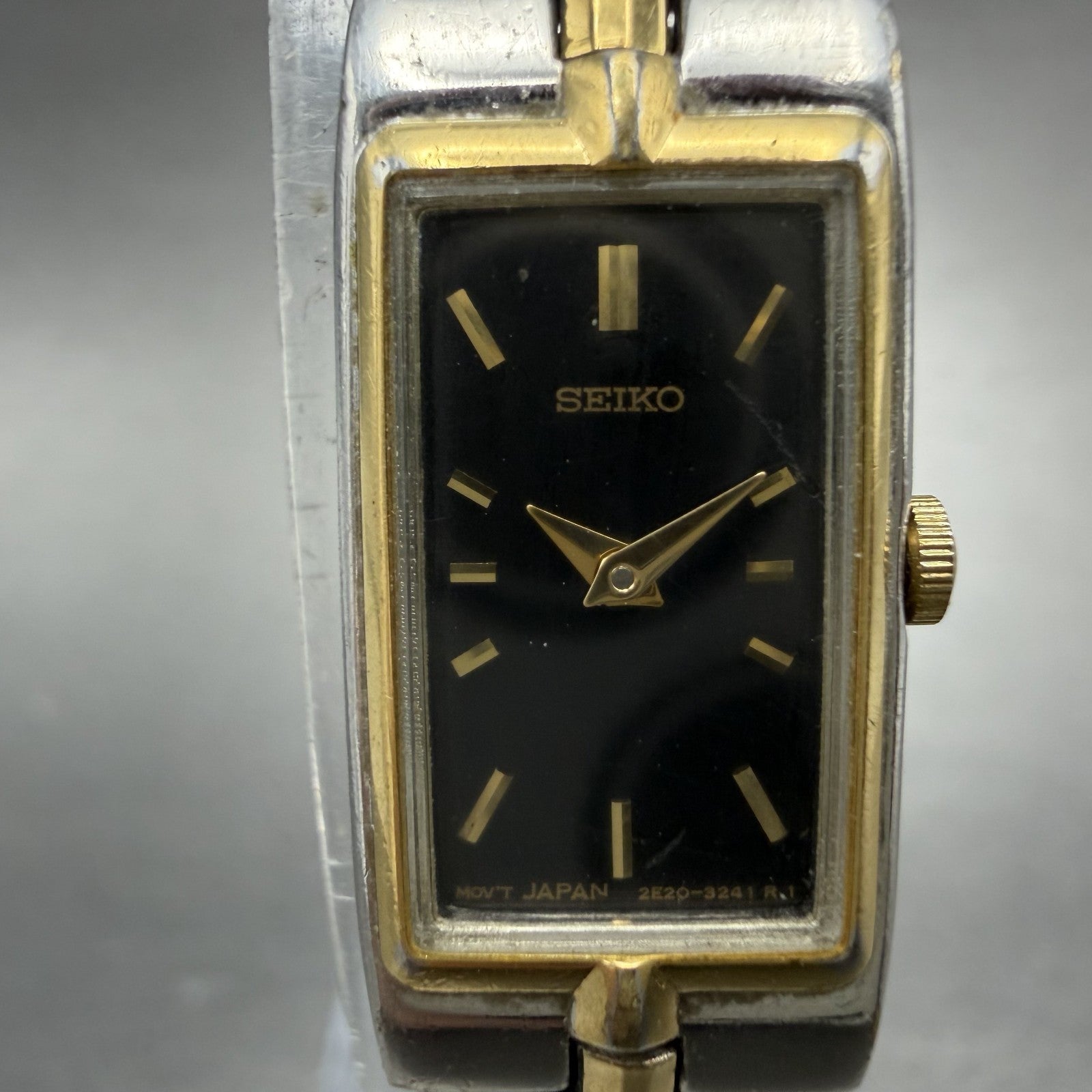 Seiko Tank Watch Women 13mm Black Dial Two Tone Rectangle 2e20-7479 New BatteryU1