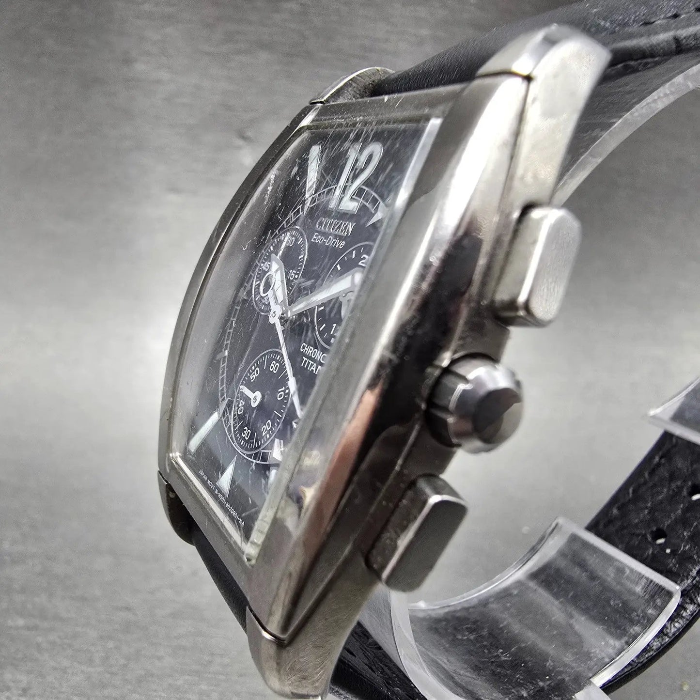 Citizen Eco-Drive Chronograph Watch Men 32mm Black Dial Titanium Date Runs KJKR2