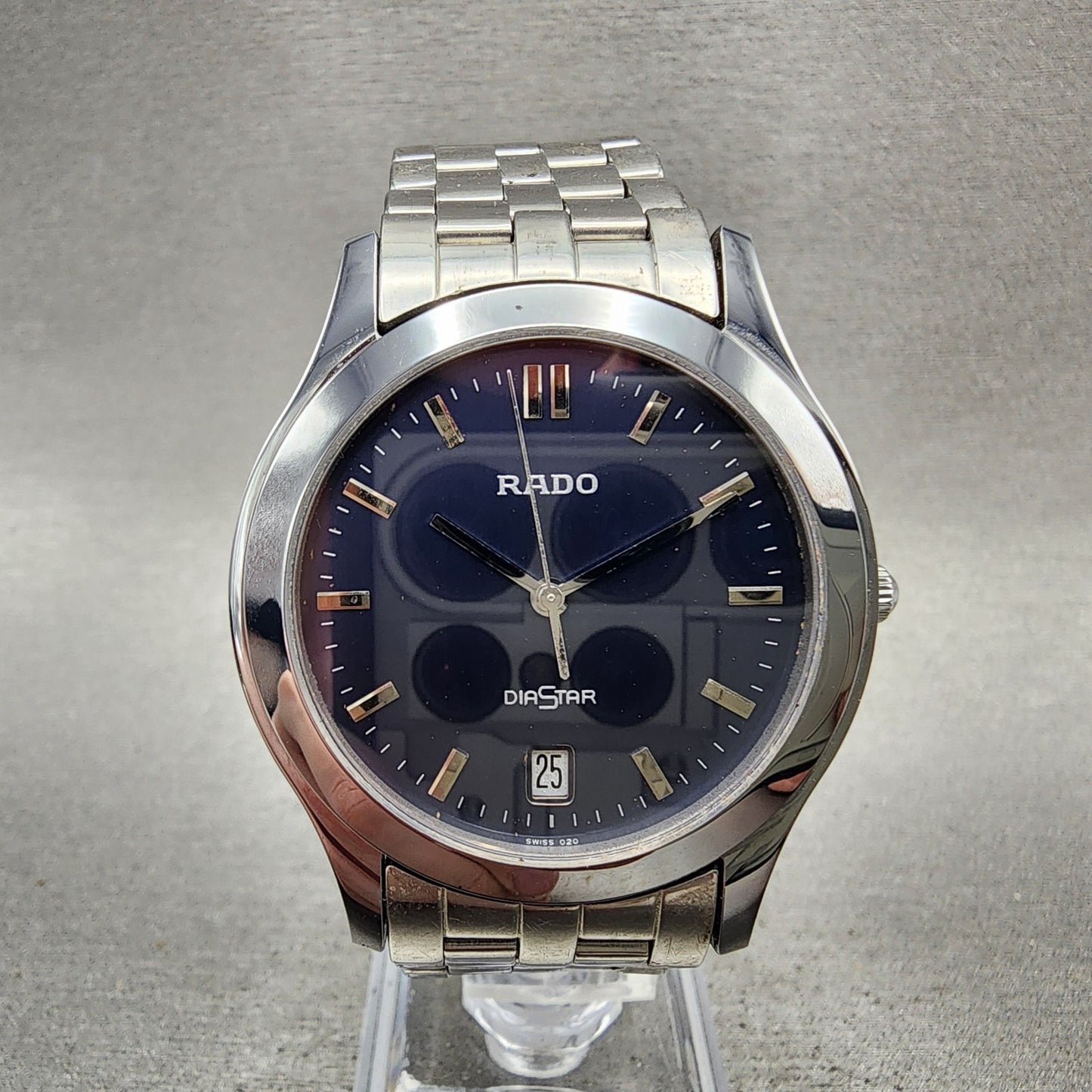 Rado Diastar Watch Men 37mm Blue Dial Silver Tone Date Round New Battery0