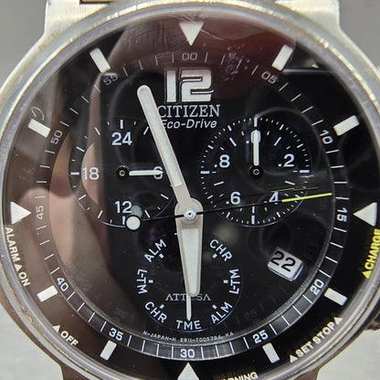 Citizen Eco-Drive Attesa Watch Men 38mm Black Dial Titanium Chrono Alarm Works1