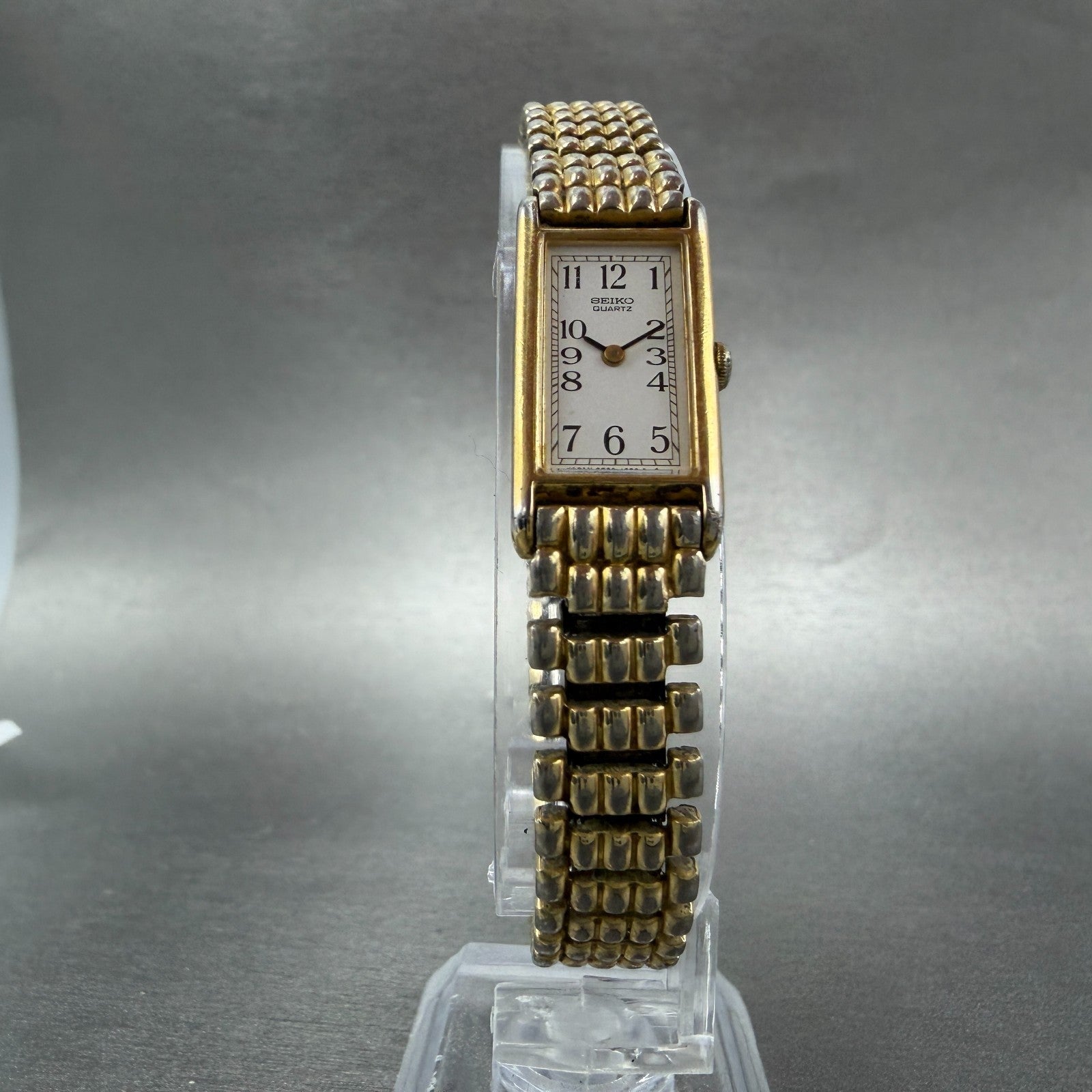 Seiko Tank Watch Women 13mm White Dial Gold Tone Rectangle 2e20-6129 New Batt H56