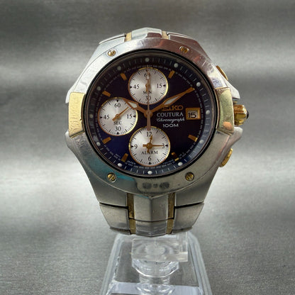 Seiko Couture Chronograph Watch Men 40mm Blue Dial Two Tone 7T62-0FA0 New Batt5