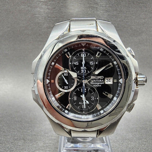 Seiko Coutura Chronograph Watch Men 43mm Black Dial Steel Date Round New Batt