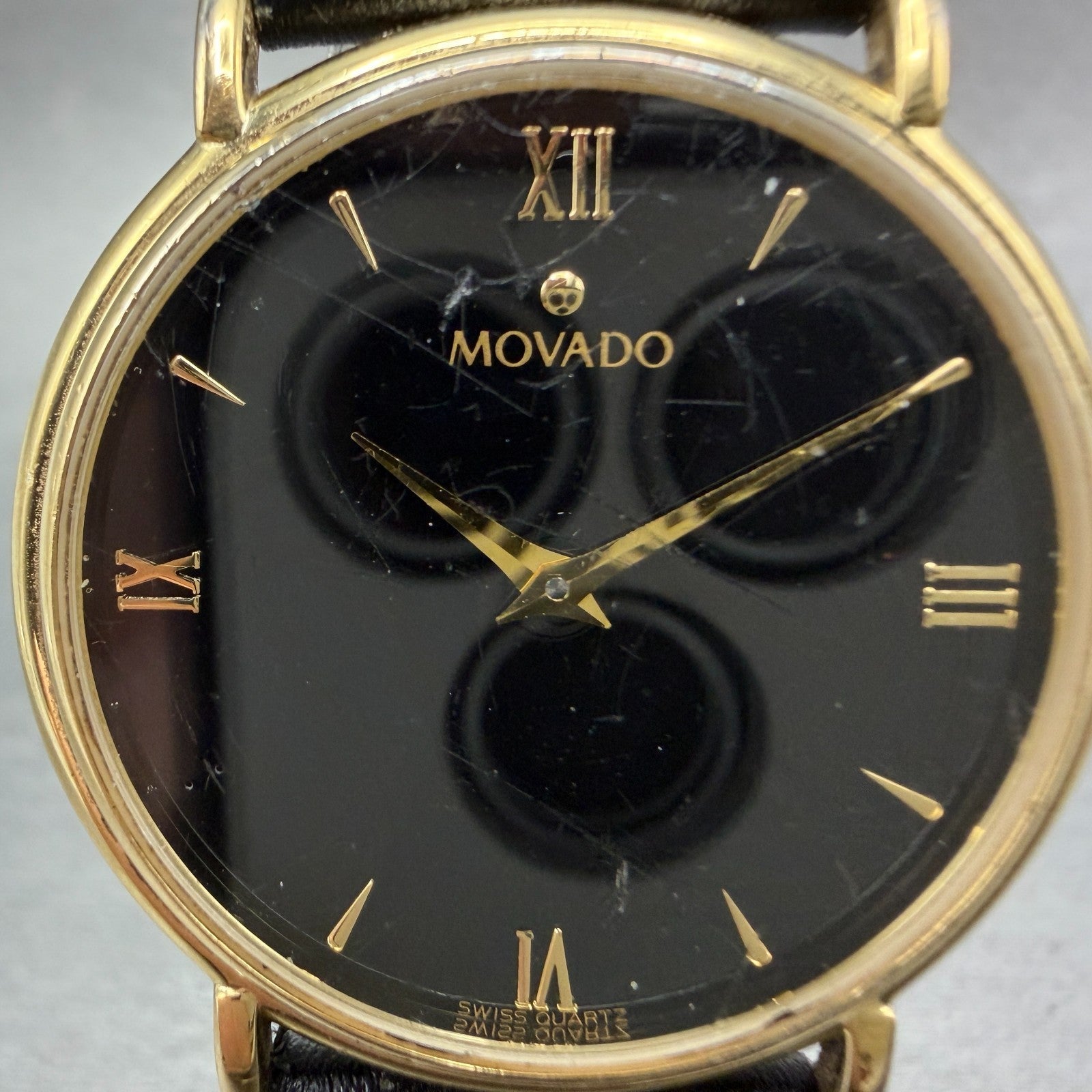 Movado Watch Men 34mm Black Dial Gold Tone Round 87-E4-0885 New Battery VTG BG1