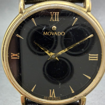 Movado Watch Men 34mm Black Dial Gold Tone Round 87-E4-0885 New Battery VTG BG1