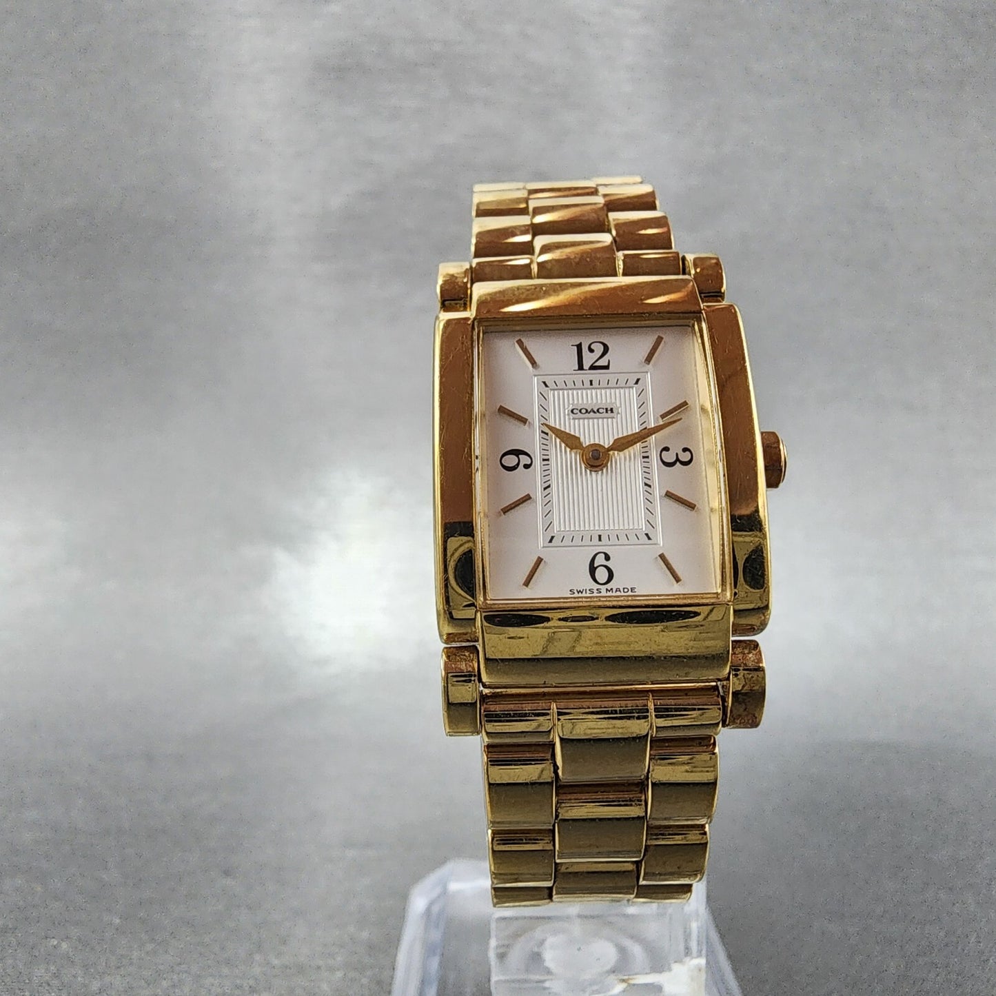 Coach Tank Watch Women 20mm White Dial Gold Tone Rectangle W015 New Battery5