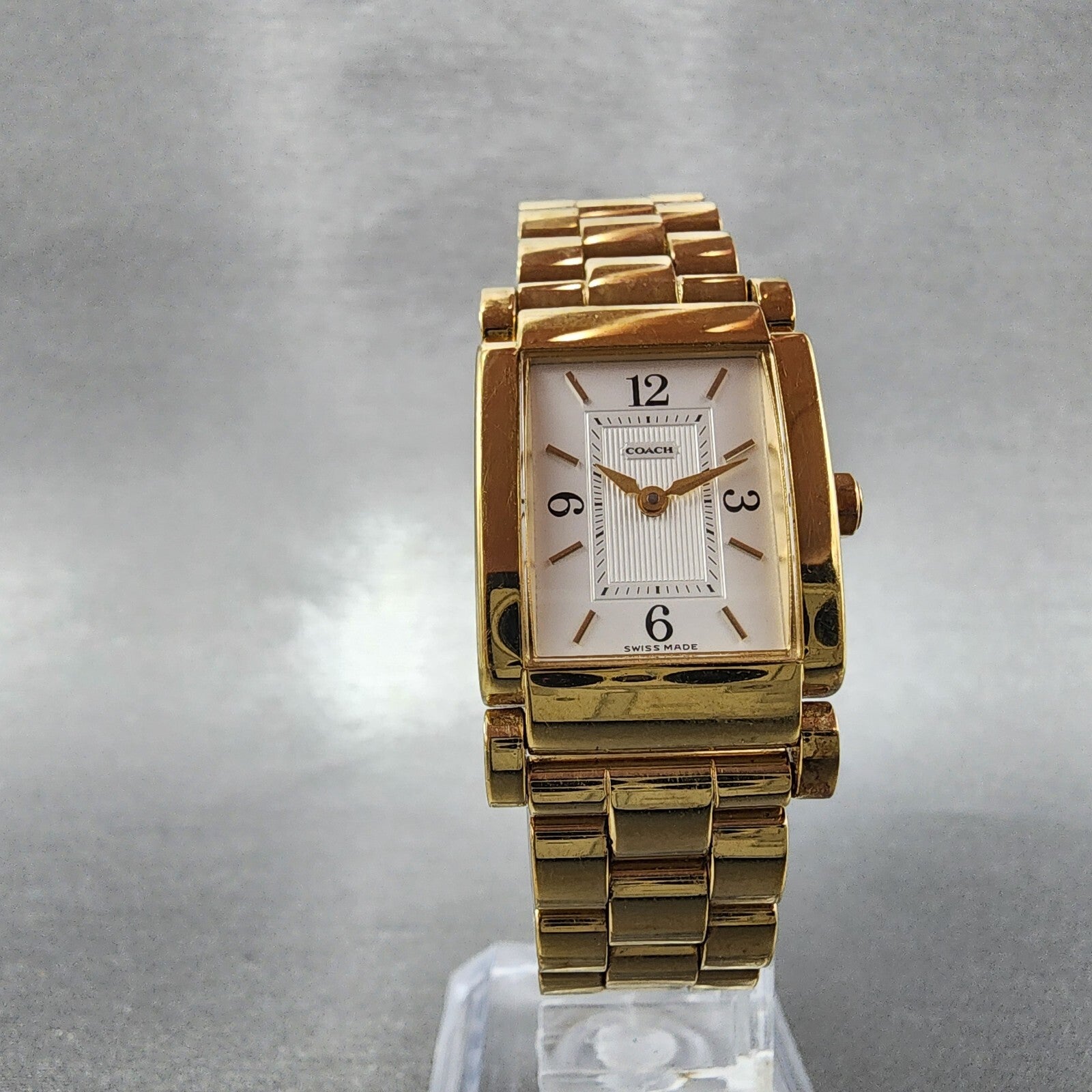 Coach Tank Watch Women 20mm White Dial Gold Tone Rectangle W015 New Battery5
