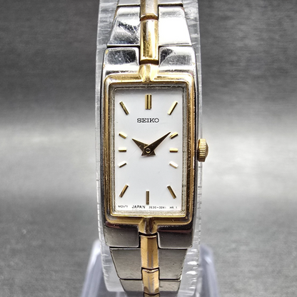 Seiko Watch Women 13mm White Dial Two Tone Rectangle 2E20-7479 New Battery JP2170