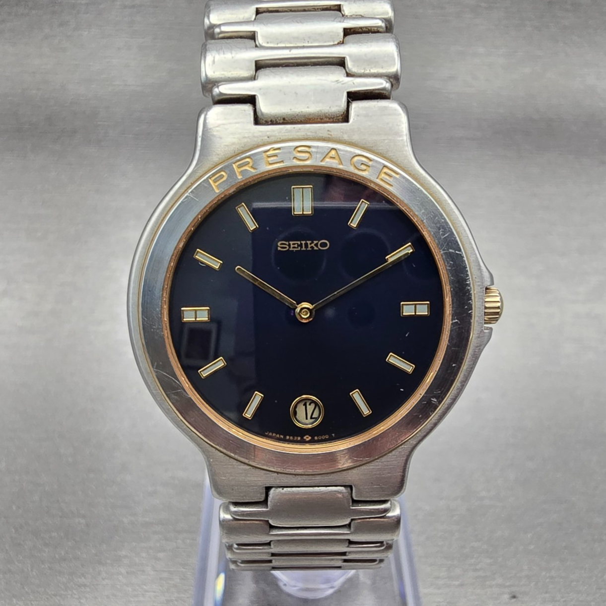 Seiko Presage Watch Men 32mm Blue Dial Two Tone Date Round 9539-6010 New Battery0
