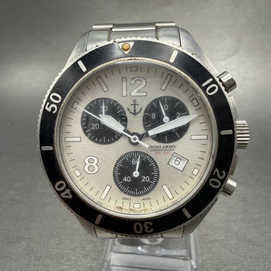 Zeno Army Chronograph Dive Watch Men 44mm White Dial Steel Date Round READ!!!!!!0
