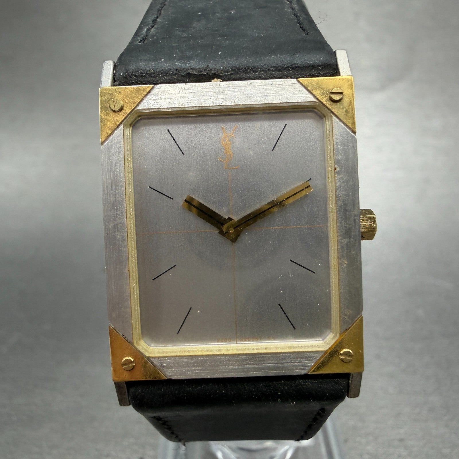 Yves Saint Laurent Tank Watch Men 23mm Silver Dial Two Tone Rectangle New Batt0