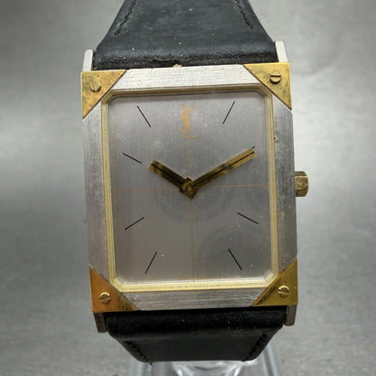 Yves Saint Laurent Tank Watch Men 23mm Silver Dial Two Tone Rectangle New Batt0