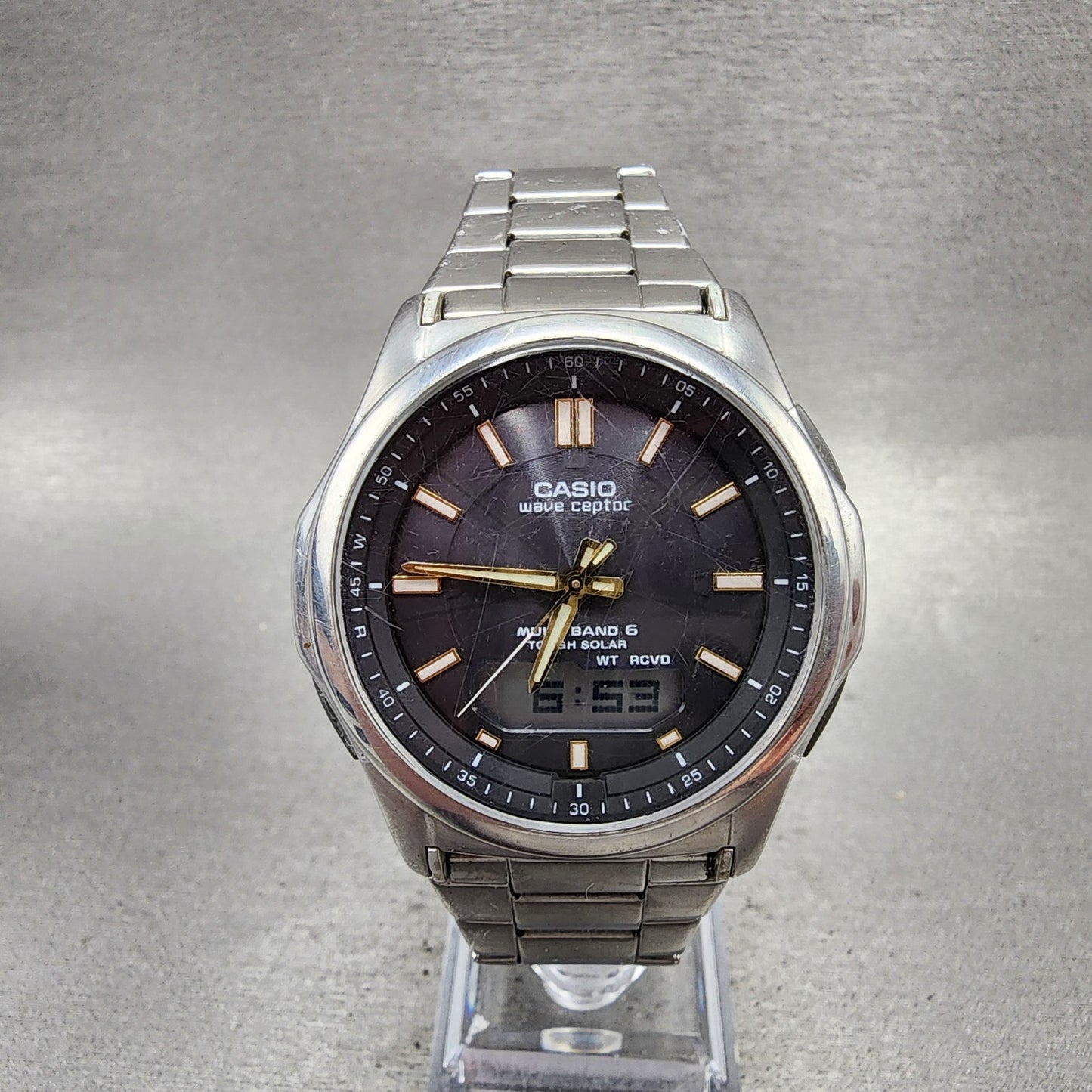 Casio Wave Ceptor Watch Men 42mm Black Dial Steel Solar Analog Digital Works NHB0