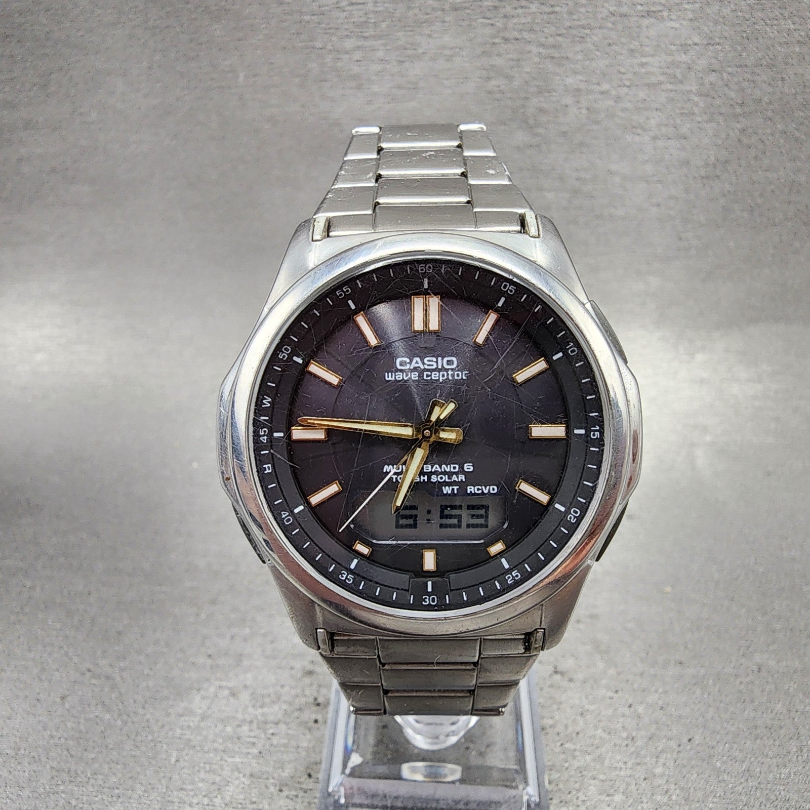 Casio Wave Ceptor Watch Men 42mm Black Dial Steel Solar Analog Digital Works NHB0