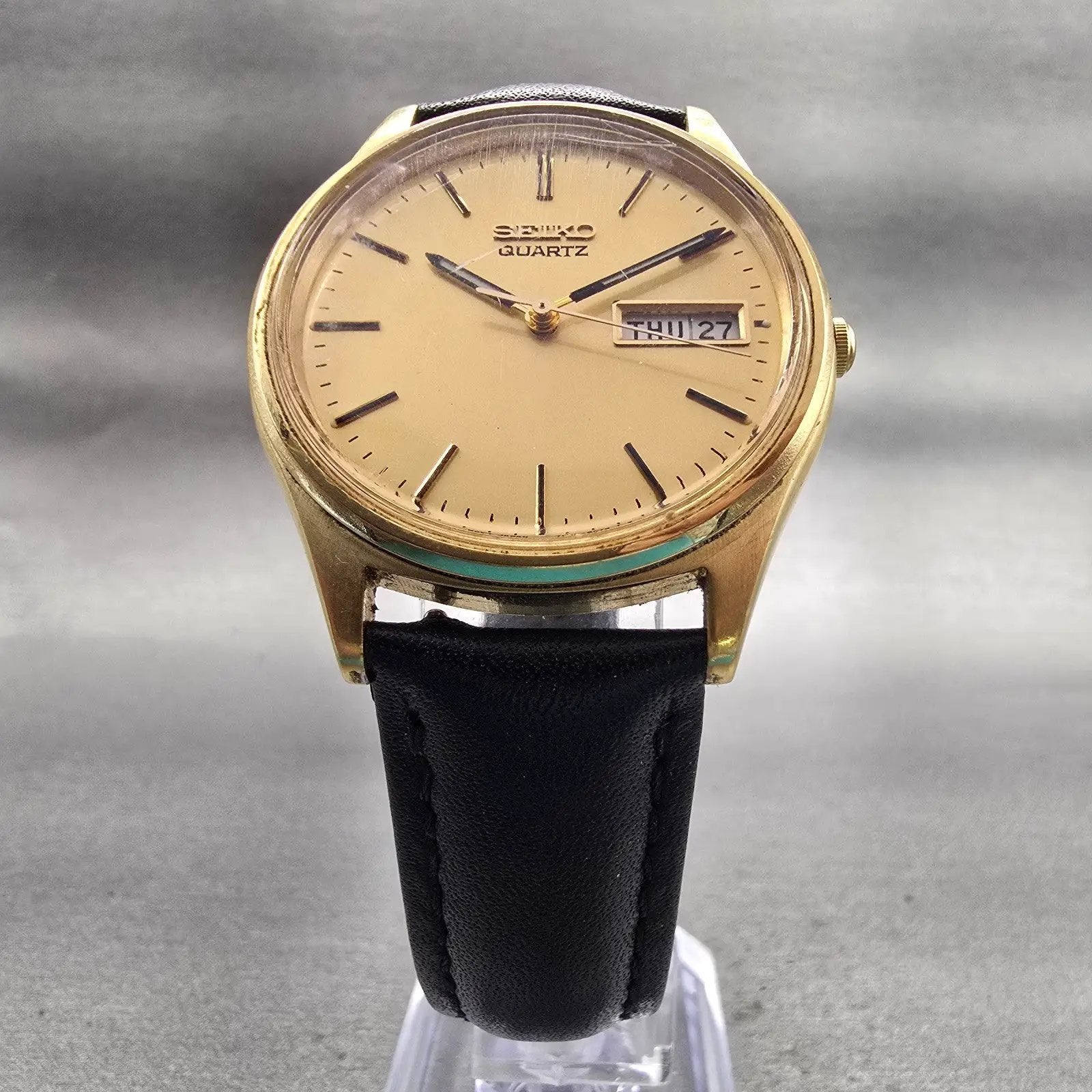 Seiko Watch Men 35mm Gold Dial Gold Tone Daydate Round 7N43-8A39 New Battery VTG5