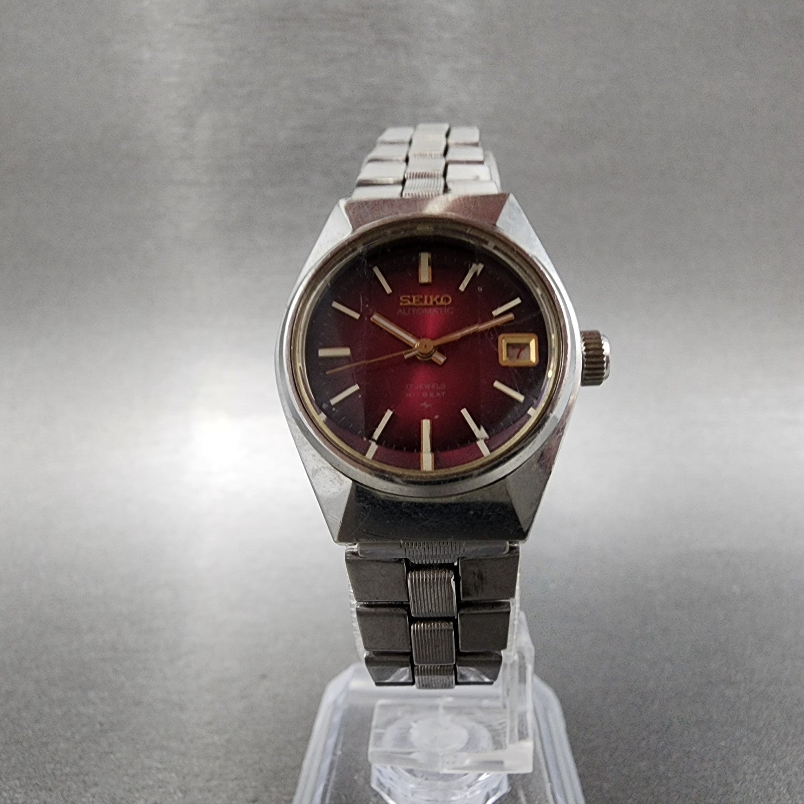 Seiko Automatic Watch Women 24mm Red Dial Silver Tone Date 22050679 Runs5