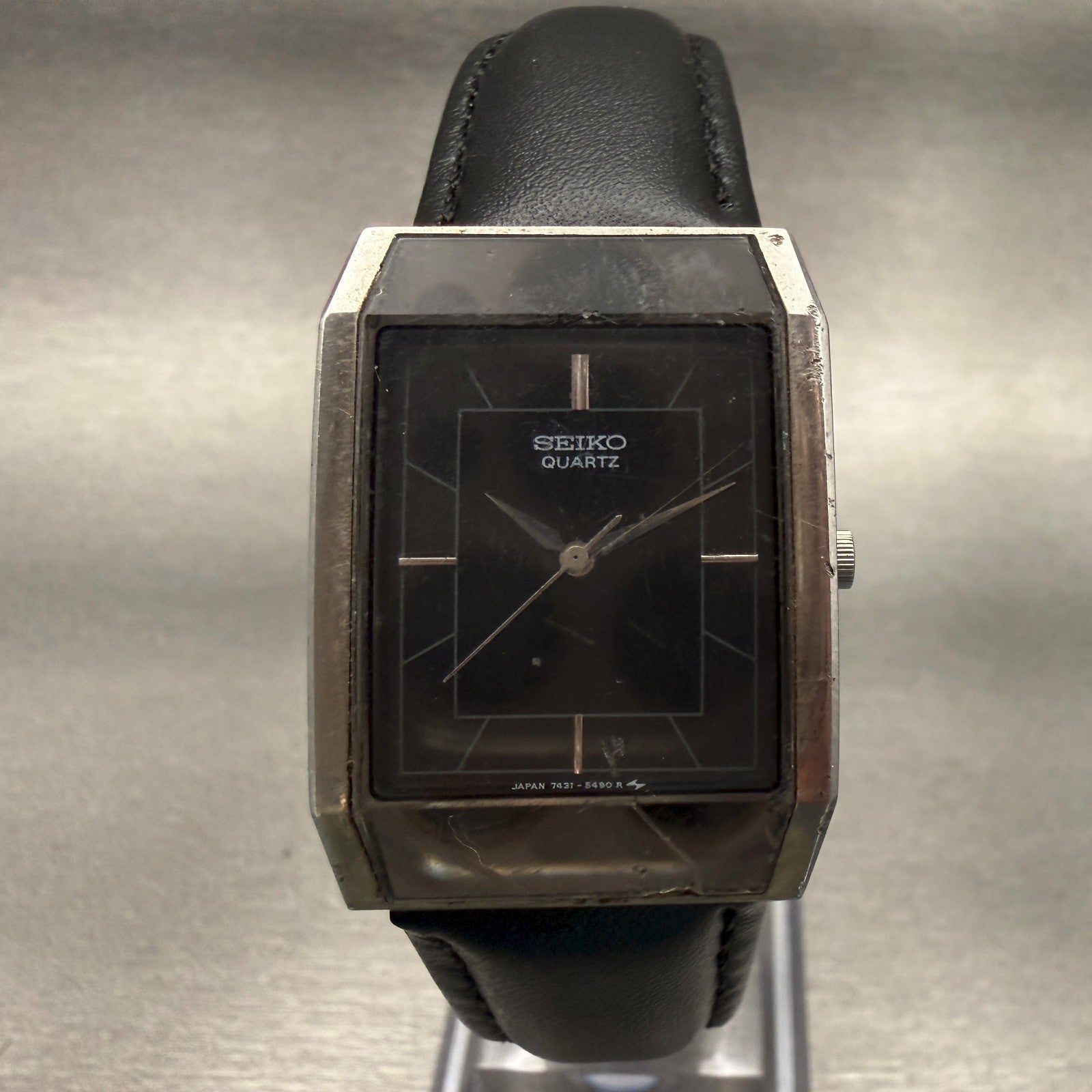 Seiko Watch Men 25mm Black Dial Silver Tone Rectangle 7431-5360 New Battery0