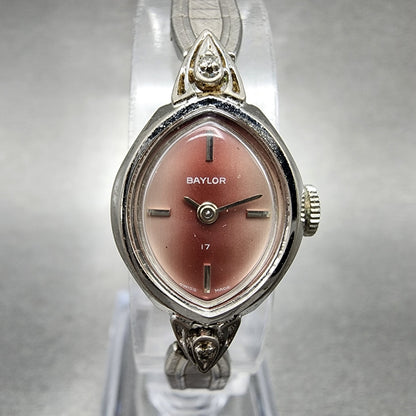 VTG Baylor Watch Women 17mm Pink Dial Silver Tone Oval Manual Wind Runs