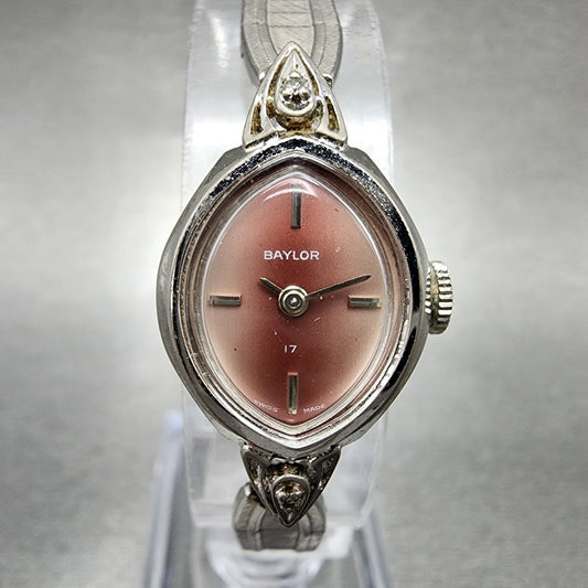 VTG Baylor Watch Women 17mm Pink Dial Silver Tone Oval Manual Wind Runs