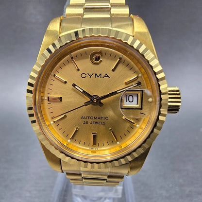 Cyma President Watch Women 26mm Gold Dial Gold Case Automatic Date Round WBox2