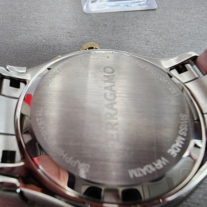 Ferragamo 1927 Chronograph Watch Men 42mm White Dial Two Tone Date Round W/Box