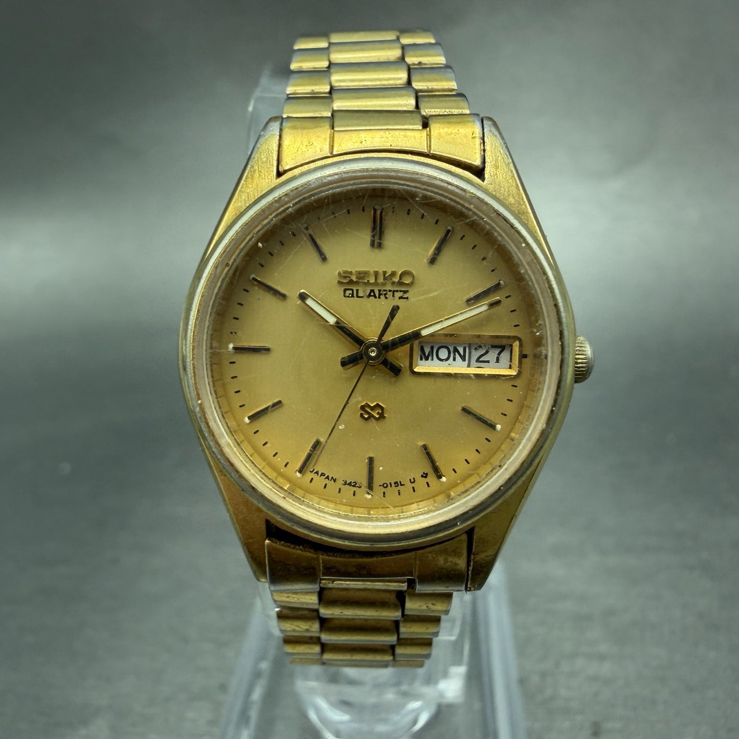 Seiko SQ Watch Women 24mm Gold Dial Gold Tone Daydate Round 3423-0099 New Batt 60