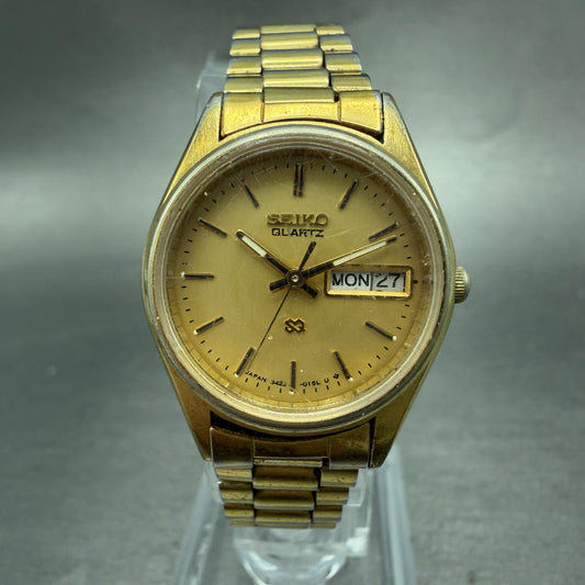 Seiko SQ Watch Women 24mm Gold Dial Gold Tone Daydate Round 3423-0099 New Batt 60