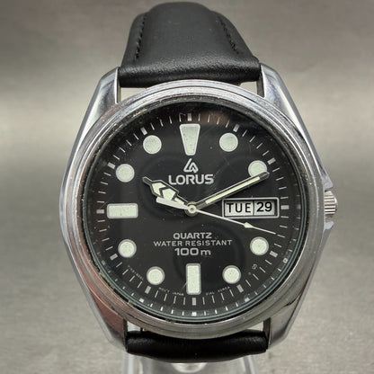 Seiko Lorus Watch Men 37mm Black Dial Silver Tone Daydate Y143-8040 New Battery0