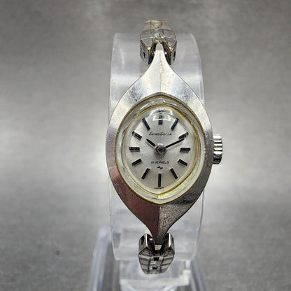 Seiko Solar Watch Women 14mm Silver Dial White Gold Plated Oval Manual Wind Runs0