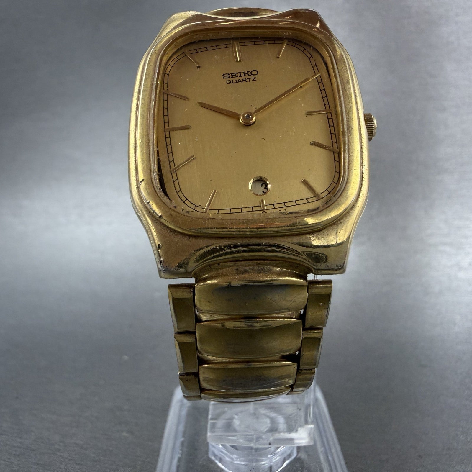 Seiko Tank Watch Men 30mm Gold Dial Gold Tone Rectangle 5y395089 PARTS6