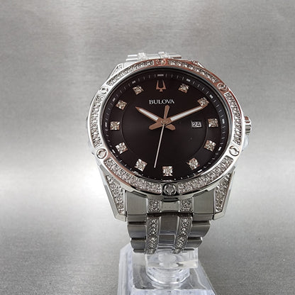 Bulova Watch Men 43mm Black Dial Steel Crystal Accents Date Round 96K105