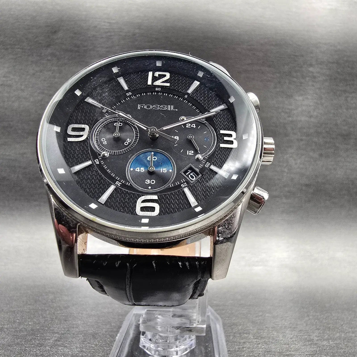 Fossil Chronograph Watch Men 46mm Black Dial Silver Tone Date FS-4387 New Batt5