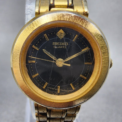 Seiko Watch Women 22mm Black Dial Gold Tone Round 1N010B10 New Battery VTG1
