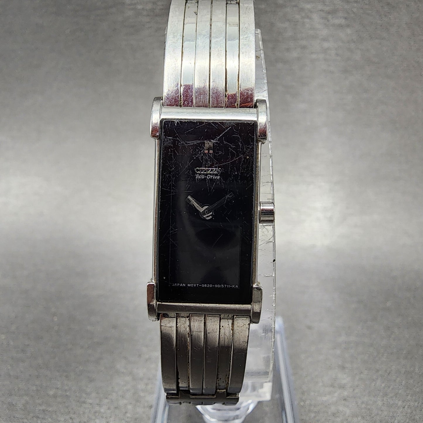Citizen EcoDrive Tank Watch Women 14mm Black Dial Silver Tone Rectangle Runs0
