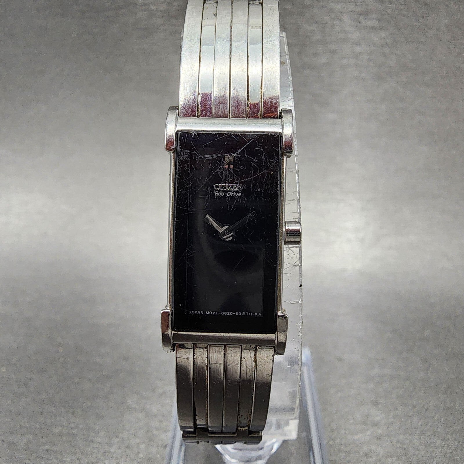 Citizen EcoDrive Tank Watch Women 14mm Black Dial Silver Tone Rectangle Runs0