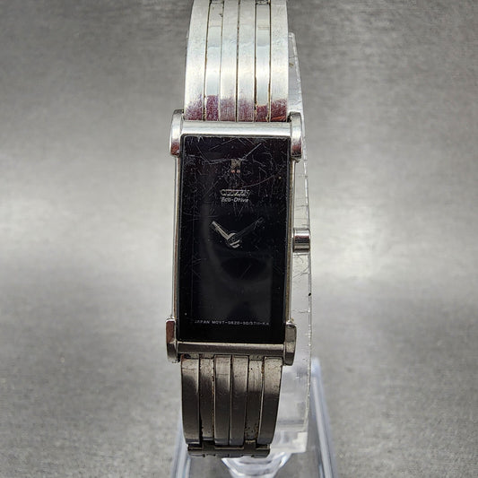 Citizen EcoDrive Tank Watch Women 14mm Black Dial Silver Tone Rectangle Runs0