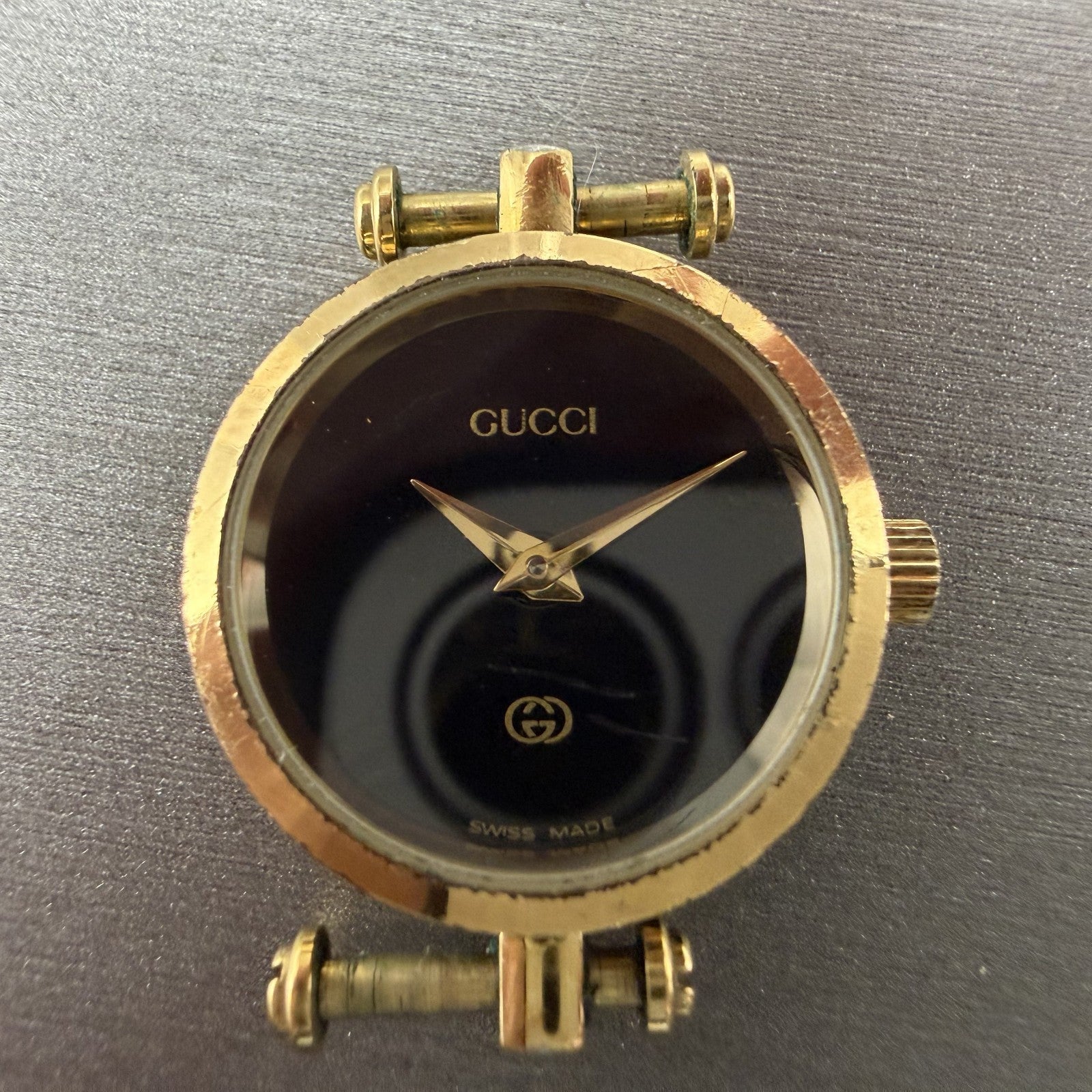 Gucci 2000L Watch Women 22mm Black Dial Gold Plated Round New Battery VTG UNFDH1