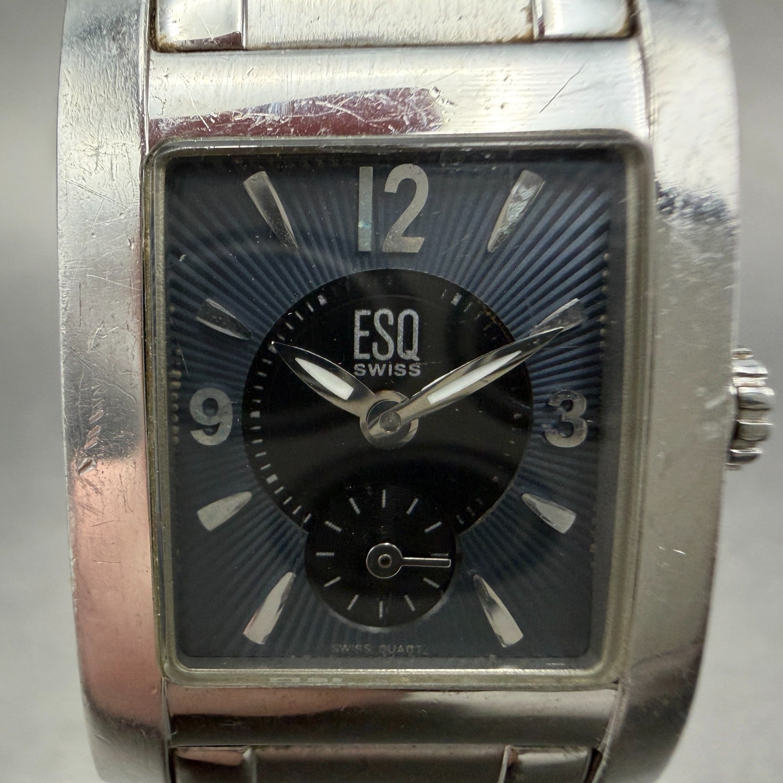 ESQ Tank Watch Women 21mm Blue Dial Silver Tone Small Seconds E5298 New Battery1